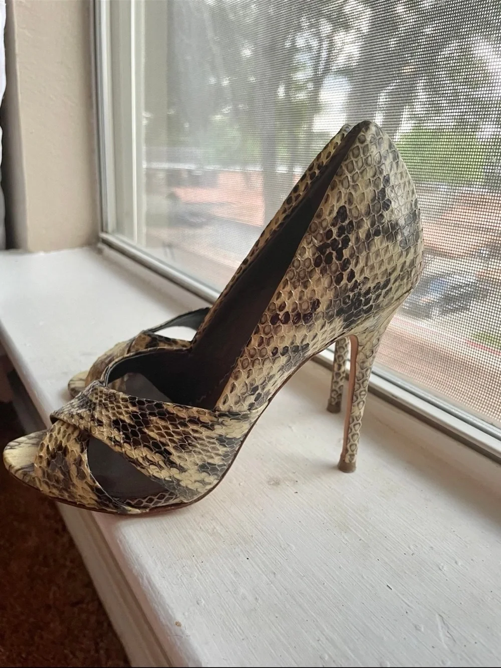 Women’s Snake-Print Peep-Toe Pumps tan color print